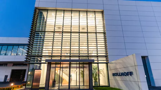 Entrance to the logistics centre at the Böllhoff site in Wuxi, China, at night