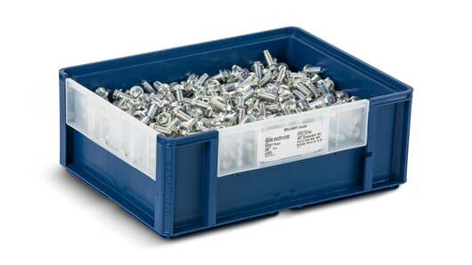 Kontejner ECOSIT® ECOBin se štítkem RFID, naplněný šrouby se šestihrannou hlavou podle normy DIN 933