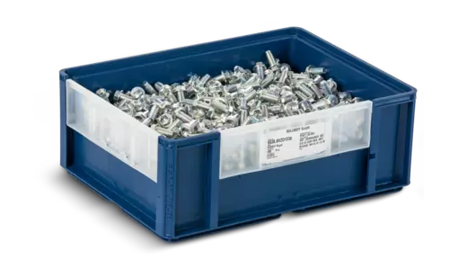 Prepravka ECOSIT® ECOBin so štítkom RFID, naplnená skrutkami so šesťhrannou hlavou DIN 933