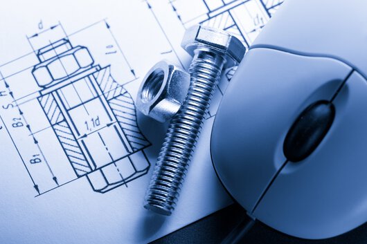 Image of a screw and nut on a technical drawing