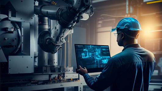 Koncepce robotu Průmysl 4.0. Inženýři používají tablet k údržbě stroje, obsluze automatizačních nástrojů, ovládání robotického ramena v továrně.