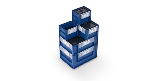 Stacked ECOSIT® ECOBins – Optimized container dimensions ensure ideal utilization of Euro-pallets; area requirements for transport are minimised