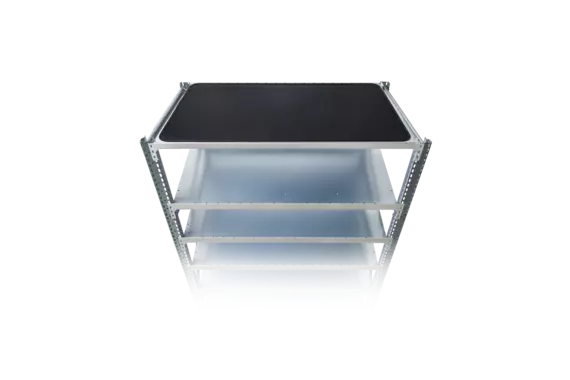 A shelf with an integrated Shelf-Scan system, on which two blue bins are placed.