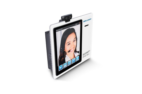 RFID Box with display at which a woman with headset can be seen.