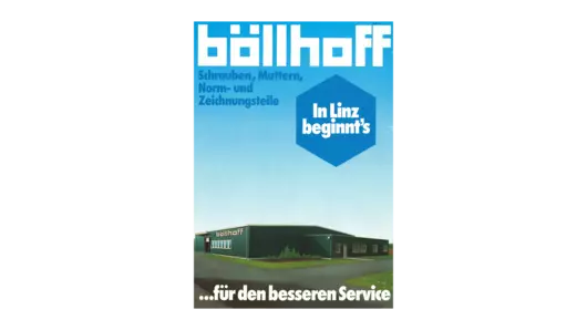 Cover of an advertising brochure on the relocation of Böllhoff Austria to Linz in the 1980s