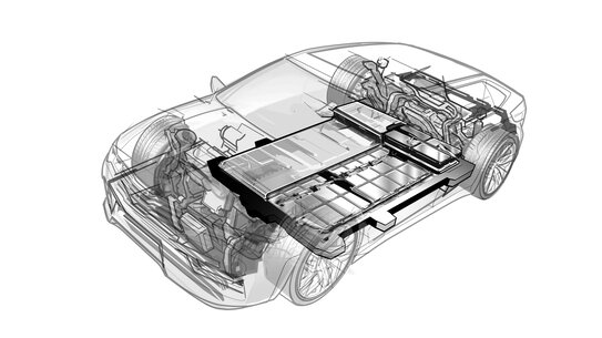 Strichzeichnung eines Elektroautos mit Details