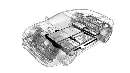 Dibujo lineal de un coche eléctrico con detalles