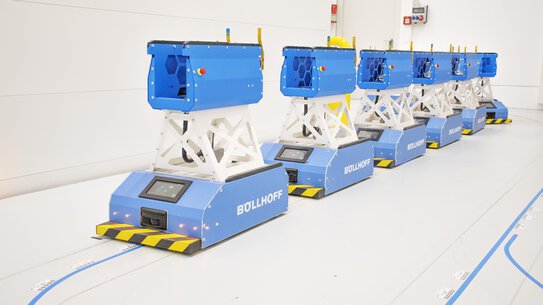 Six automated guided vehicle systems wait to be used in Böllhoff assembly manufacturing at the Bielefeld location.