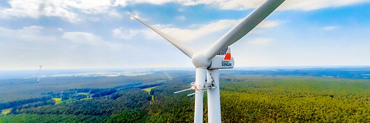 Uma turbina eólica em uma paisagem de floresta, com uma plataforma de manutenção da WP Systems na pá inferior do rotor. Instalado na plataforma de manutenção: fixadores da Böllhoff.