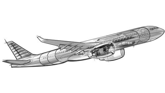 Line drawing of an aircraft with details