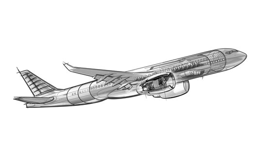 Dibujo lineal de un avión con detalles