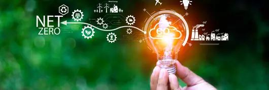 Une ampoule devant un fond naturel avec des graphismes et une flèche pointant vers le net zero