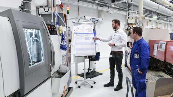 Un responsable SOB et un collaborateur de la production inscrivent des possibilités d’amélioration des processus sur un paperboard.