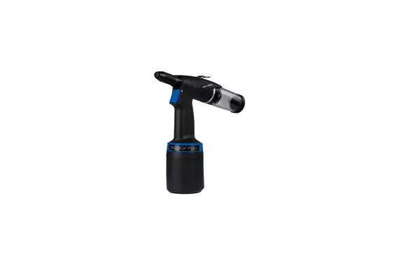 Böllhoff RIVQUICK P1010 blind rivet setting tool with mandrel collector, side view on white background.