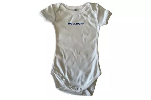 Photo of a baby romper suit with Böllhoff logo