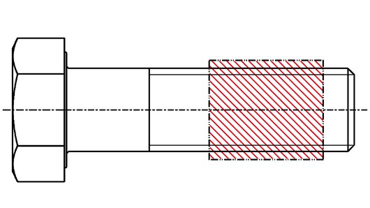 Ilustrace šroubu s chemickým povlakem závitu (vyznačeno červeně)