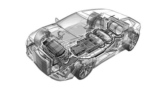 Strichzeichnung eines Autos mit Brennstoffzellenantrieb, mit Details