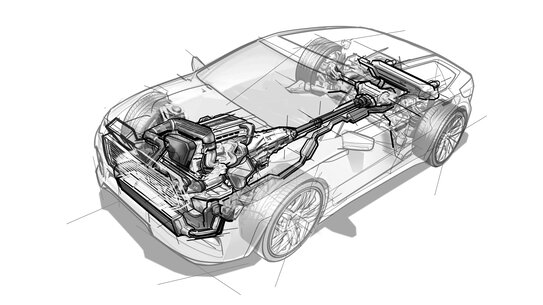 Line drawing of an internal-combustion car with details