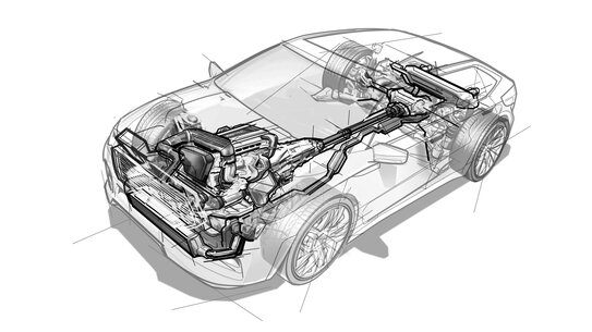 Dibujo lineal de un coche de combustión interna con detalles