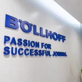 A Böllhoff logo and the company slogan ‘Passion for successful joining’ on the wall at the new Böllhoff site in Guangzhou, China
